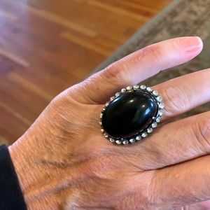 Black, crystal, and silver cocktail ring